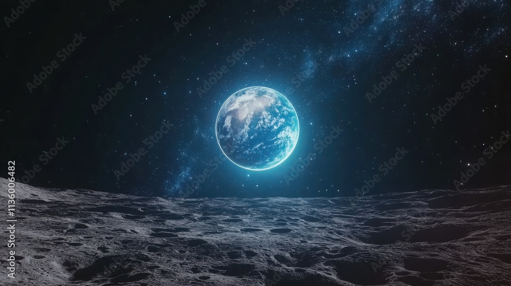 Witness the earth rising above the lunar horizon a stunning view from the moon’s surface with twinkling stars Witness the earth rising above the lunar horizon a stunning view from the moon’s surface with twinkling stars