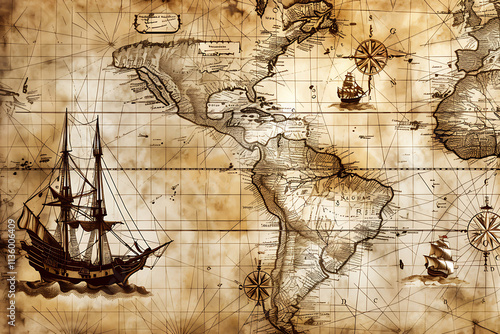 Vintage Map of the Americas with Sailing Ships photo