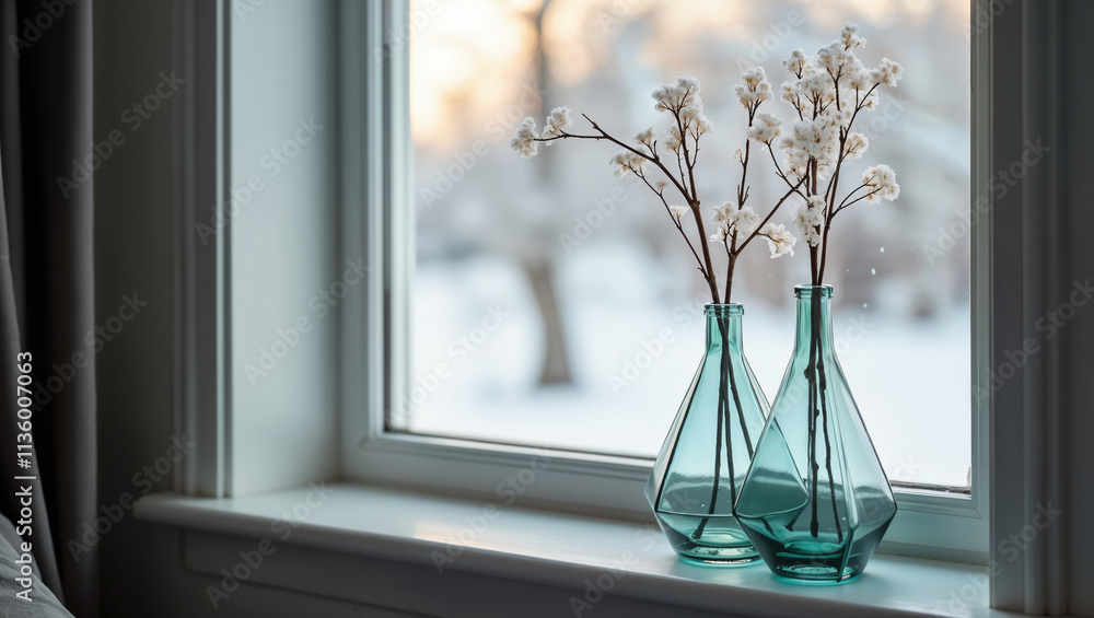 Serene Window Decor with Glass Vases and Flowers Serene Window Decor with Glass Vases and Flowers