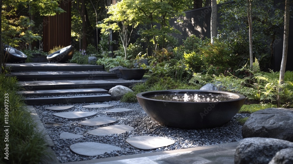 A serene garden path features stone steps, lush greenery, and a decorative water bowl, creating a tranquil outdoor space. A serene garden path features stone steps, lush greenery, and a decorative water bowl, creating a tranquil outdoor space.