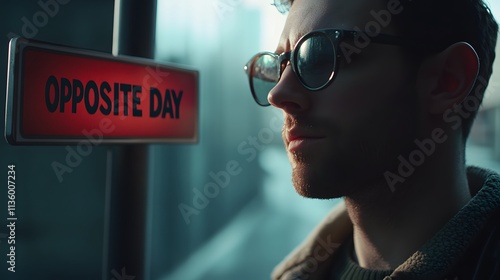 Celebrating the whimsical spirit of opposite day amidst a rainy city landscape.