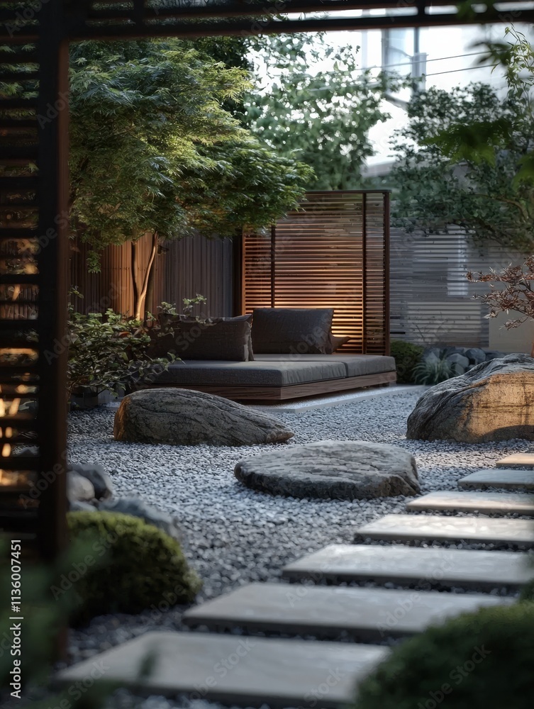 Fototapeta premium A serene garden featuring natural stones, greenery, and a cozy seating area, creating a tranquil outdoor retreat.