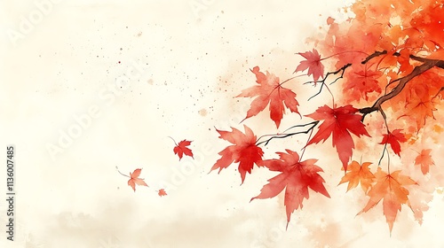 Abstract maple leaves drawn with flowing ink brushstrokes, accented by soft red and orange hues, set against a pale beige textured background, minimalist and refined, hd quality,
