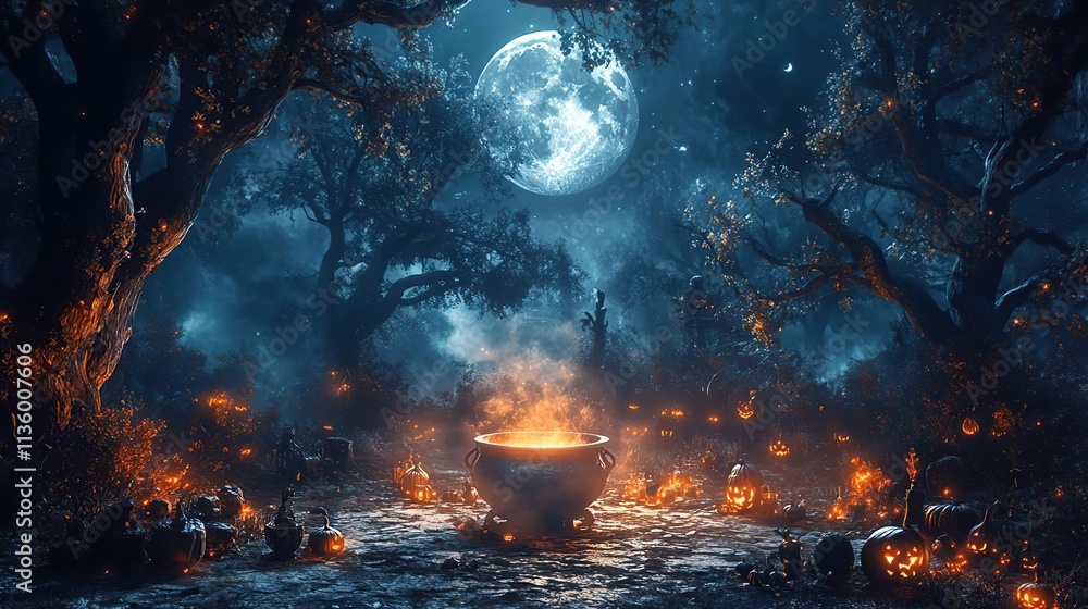halloween scene with a caulder full of pumpkins and a full moon halloween scene with a caulder full of pumpkins and a full moon