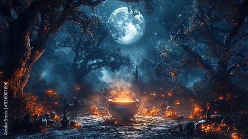 halloween scene with a caulder full of pumpkins and a full moon