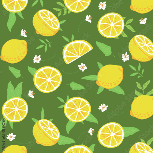 Artistic hand drawn fresh lemon and leaf pattern background illustration 