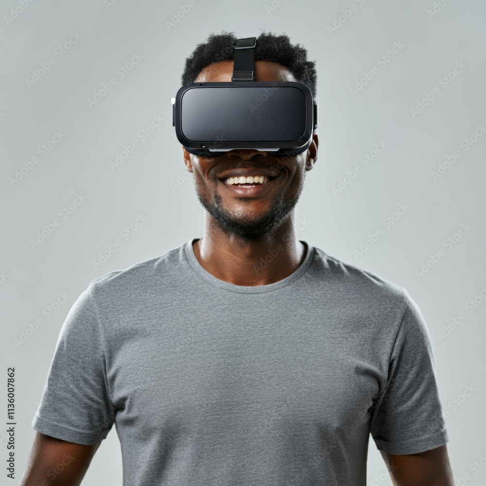 A portrait of a man wearing VR glasses and smiling, dressed in a gray t-shirt, studio shot, isolated on a white background.
A portrait of a man wearing VR glasses and smiling, dressed in a gray t-shirt, studio shot, isolated on a white background.