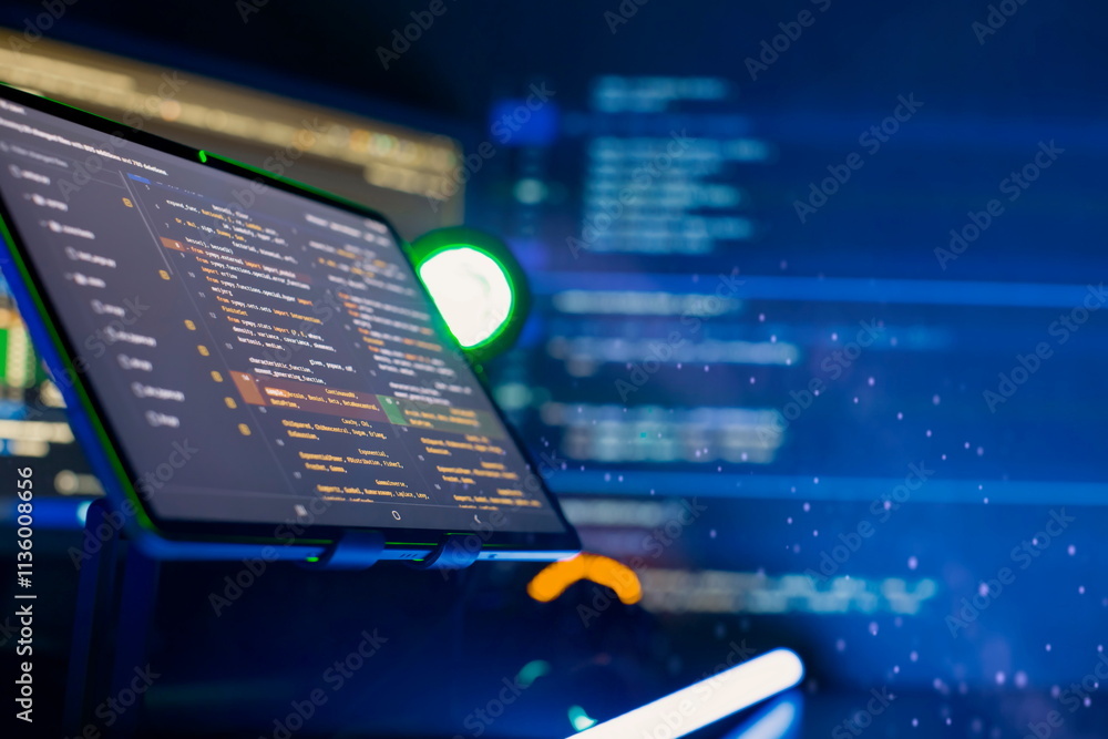 Programmer manually working with program code on a computer at night in a data center and technology concept.