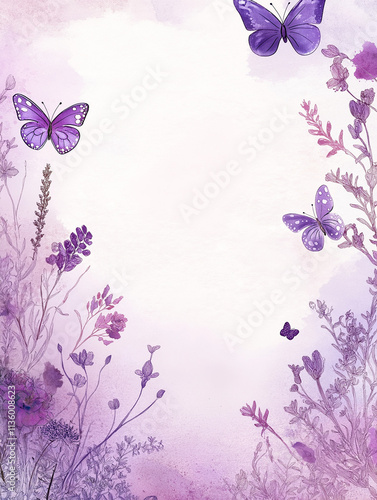 Blank card with hand-drawn purple and pink floral designs and butterflies on a pastel watercolor background. Artistic and romantic design ideal for invitations or love notes.