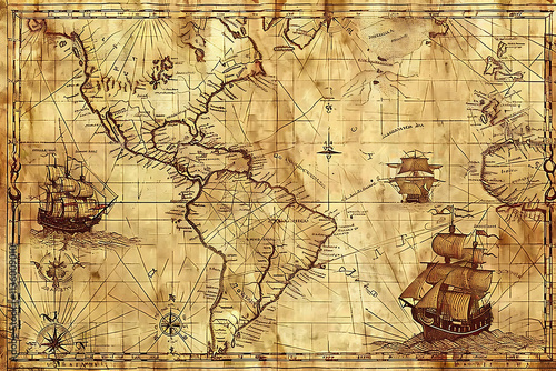 Vintage Map of the Americas with Ships photo