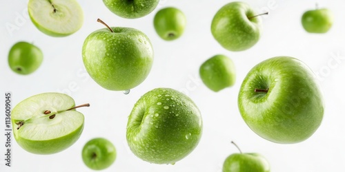 Floating Green Apples on a White Background