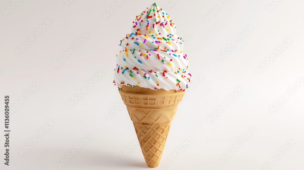 A soft-serve ice cream cone with sprinkles on a white background. A soft-serve ice cream cone with sprinkles on a white background.