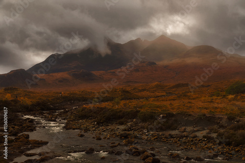 Sligachan river and Cuilins mountains in Skye Island, Scotland