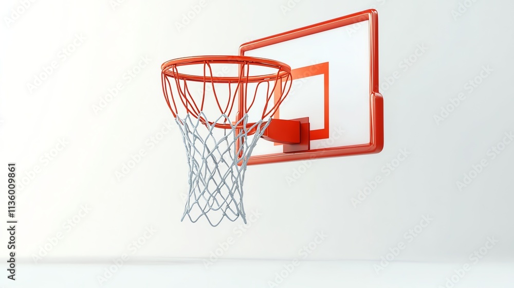 A red basketball hoop with a white net against a white background. A red basketball hoop with a white net against a white background.