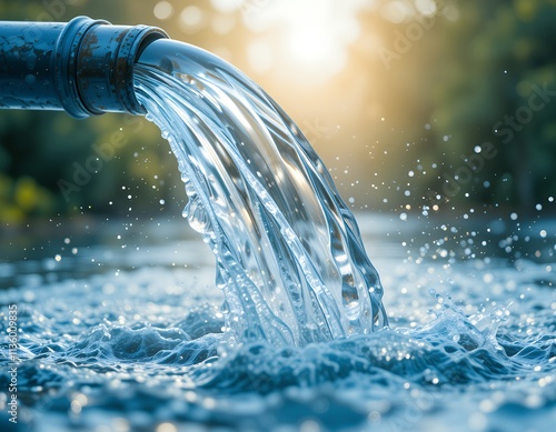 Clean water flows from a pipe into a lake, creating mesmerizing ripples.  Sunlight shines beautifully in the background