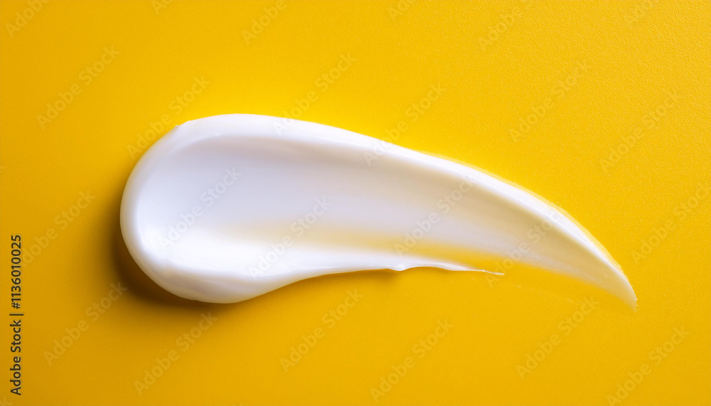 The texture of white cream on yellow background. A smear of moisturizer closeup. Lotion swatch. Beauty, skin care product smear smudge drop. SPF sunscreen cream sample The texture of white cream on yellow background. A smear of moisturizer closeup. Lotion swatch. Beauty, skin care product smear smudge drop. SPF sunscreen cream sample