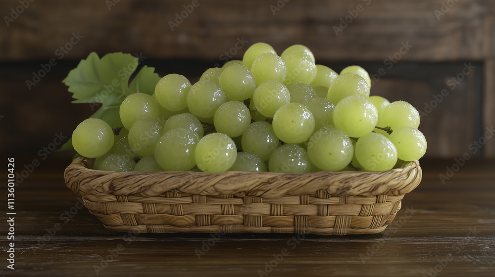 Fresh Green Grapes in a Wicker Basket on a Wooden Background Fresh Green Grapes in a Wicker Basket on a Wooden Background