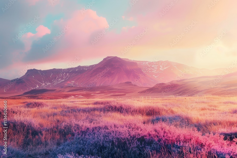 A scenic view of a pink sunset casting a warm glow over snow-capped mountains in Iceland, A dreamy landscape with a pink sunset casting a warm glow A scenic view of a pink sunset casting a warm glow over snow-capped mountains in Iceland, A dreamy landscape with a pink sunset casting a warm glow