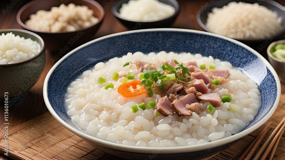 In many Asian nations, congee is a rice porridge flavored with meat and pickled vegetables. In many Asian nations, congee is a rice porridge flavored with meat and pickled vegetables.