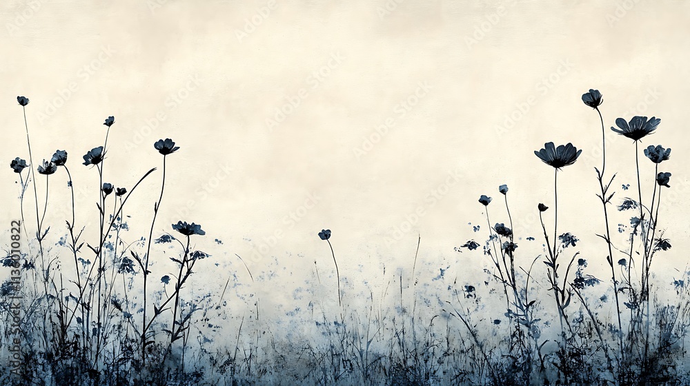Obraz premium Minimalist depiction of wildflower silhouettes, black line art paired with ethereal shadow effects in muted blue and gray tones, set against a textured neutral background, hd quality,