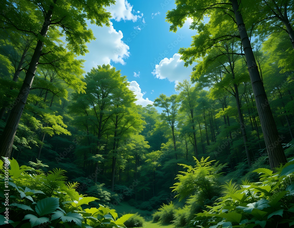Fototapeta premium A vibrant summer forest scene, bathed in sunlight. Lush green trees create a tranquil atmosphere. A perfect escape into nature.