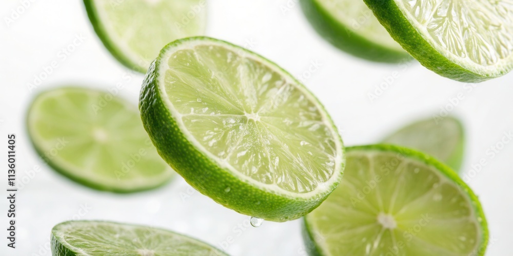 Bright Lime Slices Hovering Over a White Backdrop Bright Lime Slices Hovering Over a White Backdrop