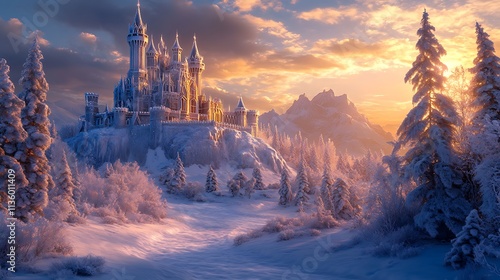 A majestic frozen castle perched on a snowy hill, its icy towers sparkling under the golden hues of a winter sunset, surrounded by frosted crystal trees and shimmering snow,