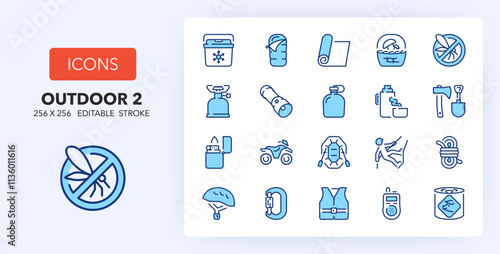 Line icons about outdoor activities. Contains such icons as climbing, insect repellent, life jacket and more. 256x256 Pixel Perfect editable in two colors. Set 2 of 2