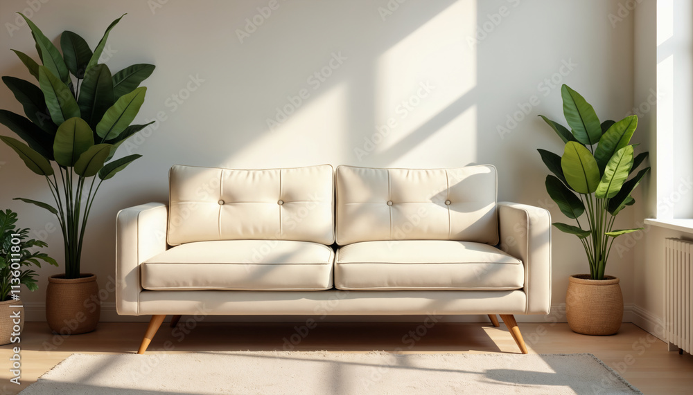 Cozy Living Room with Modern Sofa and Plants Cozy Living Room with Modern Sofa and Plants