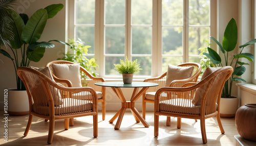 Cozy Living Room with Rattan Chairs and Plants