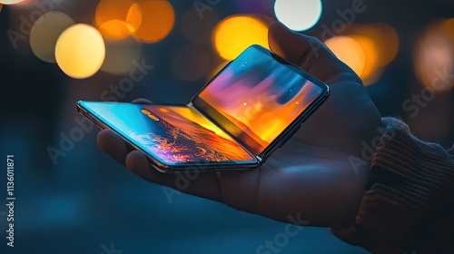 Close-up of a person holding a foldable phone at night.