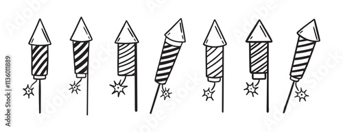 fireworks rocket doodle hand drawn icon set. Outline drawing fireworks rocket line clipart symbol collection