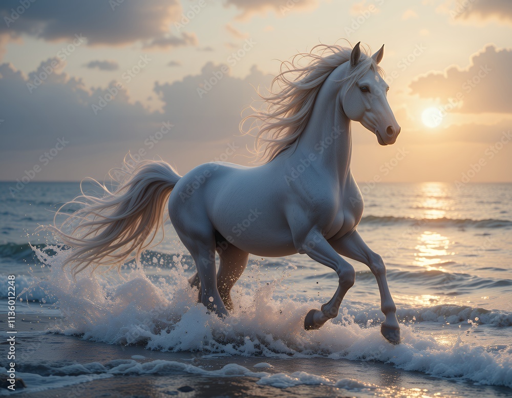 A stunning image of a white stallion running freely along a beach at sunset. The horse's majestic presence and the golden light create a captivating scene. A stunning image of a white stallion running freely along a beach at sunset. The horse's majestic presence and the golden light create a captivating scene.