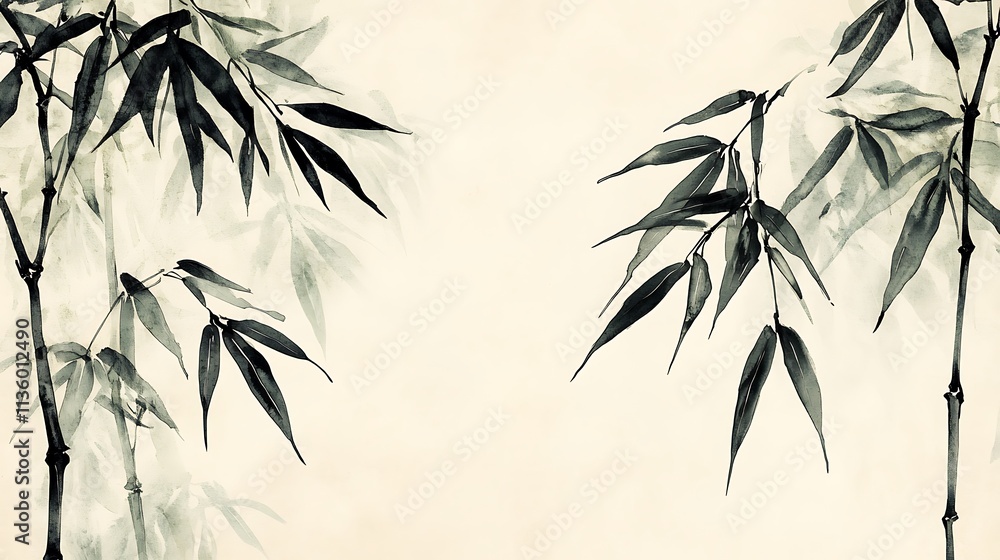 Obraz premium Simplified bamboo shoots in black ink wash, paired with faint green watercolor highlights, set on a neutral cream background, minimalist Japanese aesthetic, hd quality. --ar 16:9