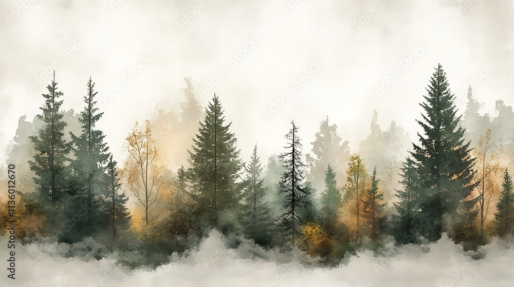 Naklejka premium Simplified line art of pine, oak, and birch trees, paired with delicate watercolor splashes in muted greens and taupe, on a textured off-white background, serene and elegant, hd quality. --ar 16:9