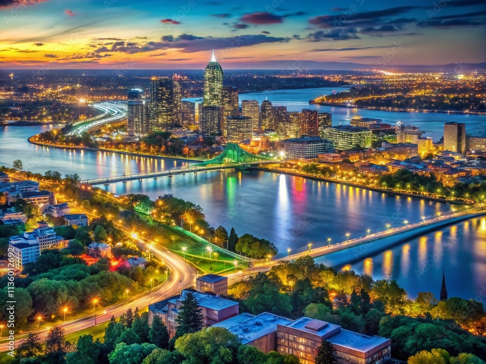 Fototapeta premium A Stunning Night Photography of Montreal's Island: Captivating Aerial View of Illuminated Cityscape, Bridges, and Urban Landscape at Nightfall, Perfect for Travel and Cityscape Enthusiasts