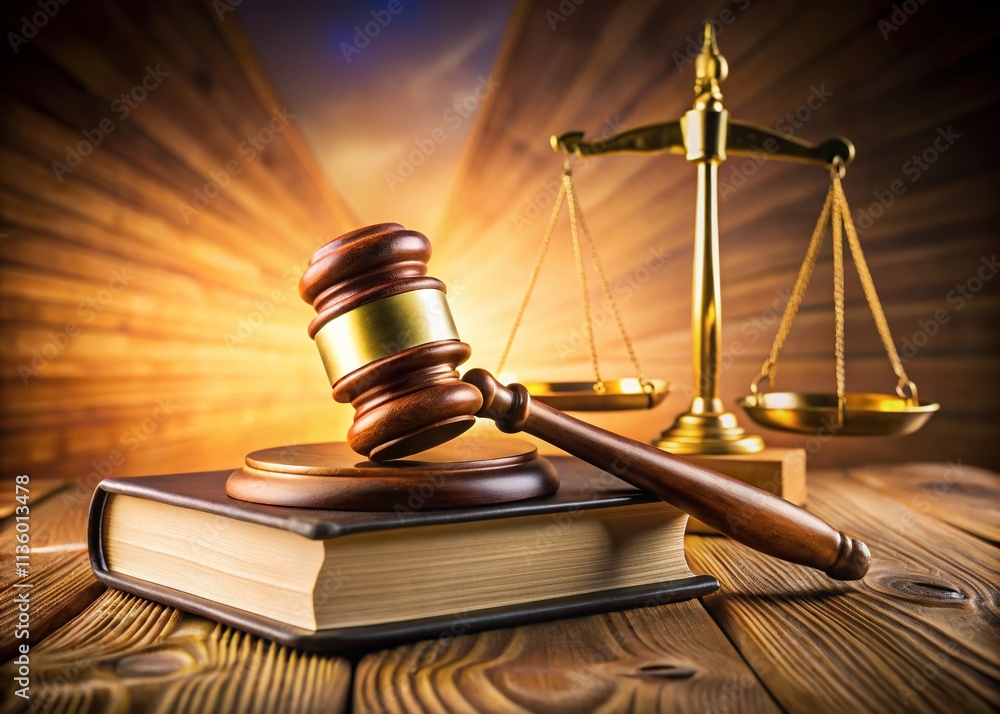 A Wooden Gavel on a Legal Book Next to a Golden Scale of Justice in a Courthouse, Representing Law and Order in a Professional Legal Environment A Wooden Gavel on a Legal Book Next to a Golden Scale of Justice in a Courthouse, Representing Law and Order in a Professional Legal Environment