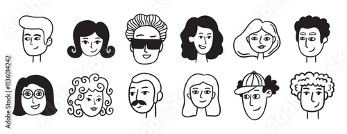 people avatars for social media, website doodle hand drawn icon set. Outline drawing trendy portraits girls and guys line clipart symbol collection. 