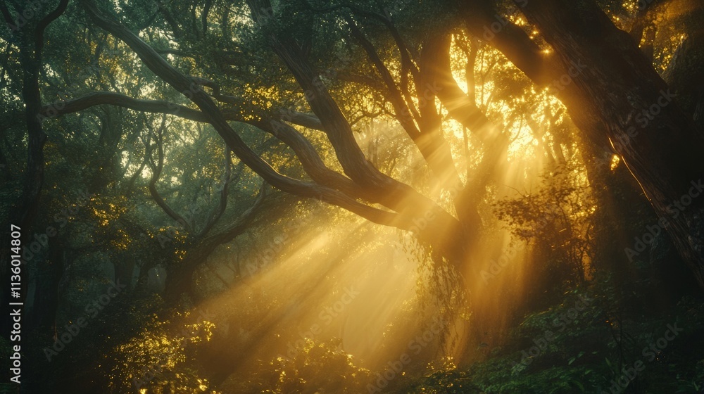 Fototapeta premium Golden Sunlight Filtering Through a Lush Forest with Thick Trees and Vibrant Foliage