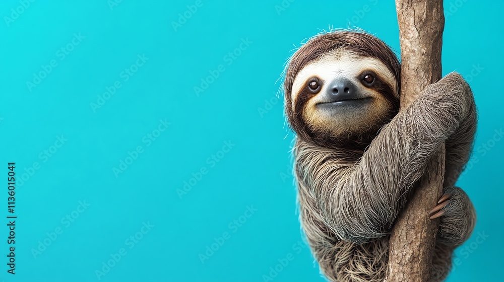 Naklejka premium A sloth hanging on a branch in front of a blue background.