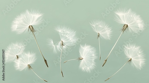 A collection of dandelion seeds sketched with precision, floating gracefully against a pale sage green background, evoking tranquility and lightness, minimalist style, hd quality, natural textures. © LuvTK