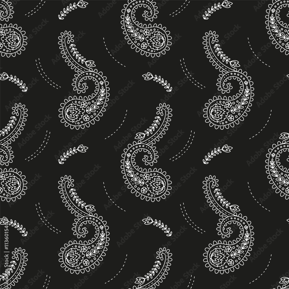 Obraz premium Seamless pattern with white Paisley motifs on black background. Traditional indian monochrome repeat design.