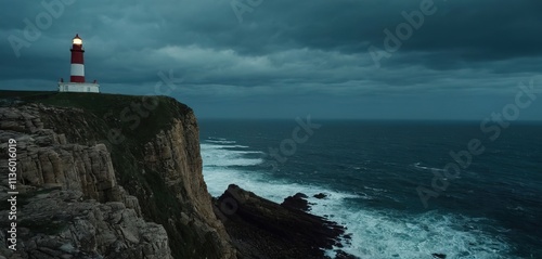 A solitary lighthouse standing tall on a rocky cliff, battered by a stormy sea, a beacon of hope in the darkness