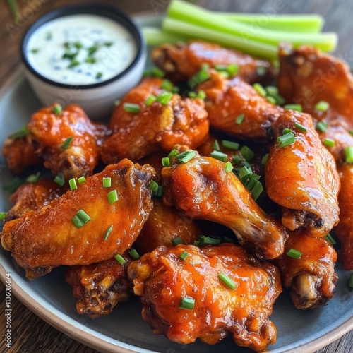 A plate of spicy buffalo chicken wings served with celery sticks and blue cheese dressing, Chicken wings centered, Warm overhead lighting accentuating their crispy skin photo