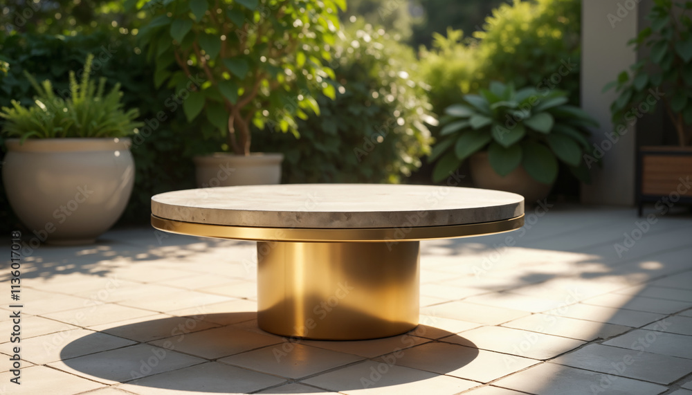 Modern Outdoor Coffee Table in Gold and Marble Finish Modern Outdoor Coffee Table in Gold and Marble Finish
