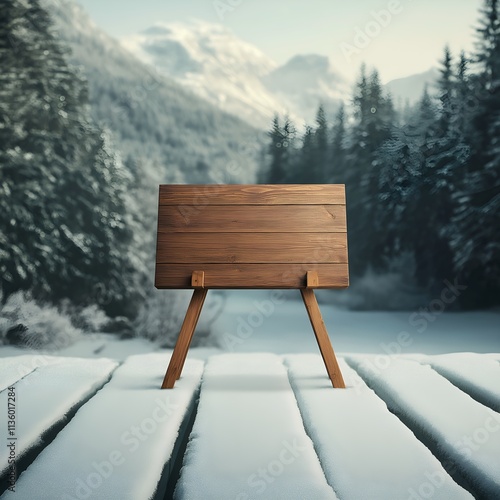 January Sales Advertisement Cozy Winter Scene with Wooden Signboard in Snowy Forest for Seasonal Promotion photo