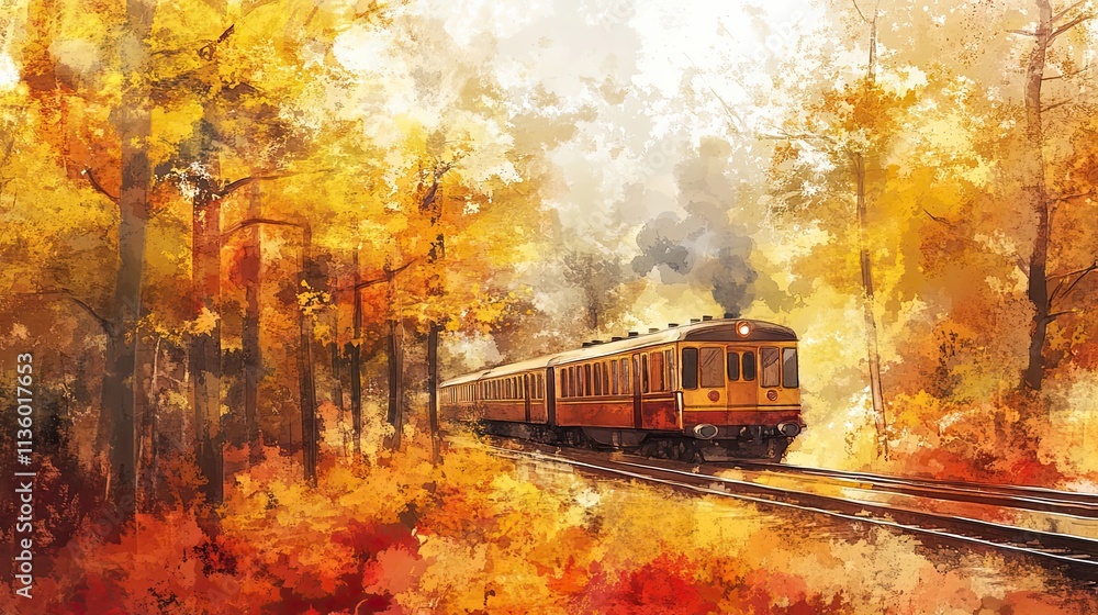 Autumnal Train Journey Through Golden Forest Autumnal Train Journey Through Golden Forest