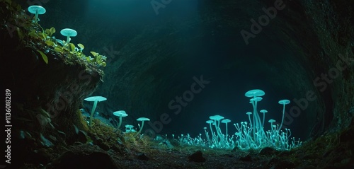A subterranean world, illuminated by bioluminescent fungi, creating an otherworldly glow