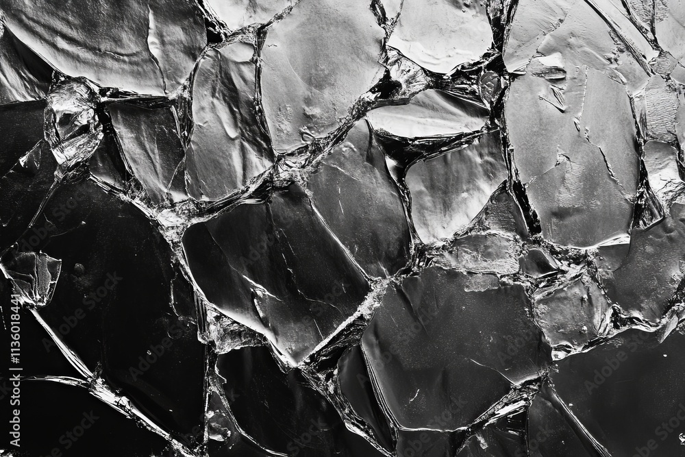 Texture of ice-like glass with intricate frozen cracks creating a striking visual effect in monochrome tones