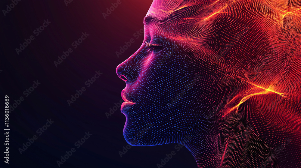 Abstract profile of human face formed by glowing neon lines and dots Abstract profile of human face formed by glowing neon lines and dots